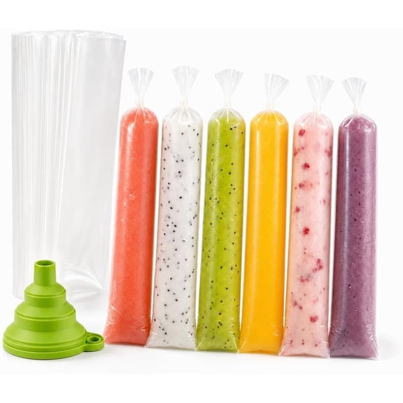 250 count Bolis Bags with Funnel, Disposable Popsicle Bags 3 x 12 Inch, Ice Pop Bags for Homemade Freeze Pops, Ice Candy, Yogurt, Juice, Smoothies, Bolsas Para Bolis de Hielo