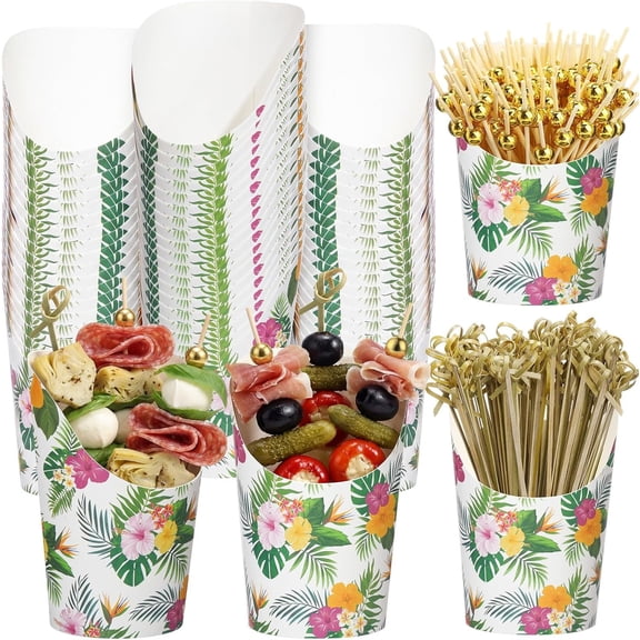 250 count Hibiscus Floral Charcuterie Cups with Sticks 14 oz 50 Sets Disposable Hawaiian Luau Party Snack Appetizer Cups with 200 Picks for Aloha Summer Birthday Beach Party Decor