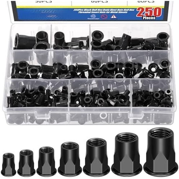 250 count Thread Half Hexagonal Rivet Nuts Set M3 M4 M5 M6 M8 M10 M12 Black Zinc Plated Carbon Steel Flat Rivnut Threaded Insert Rivet Nuts for Construction Industrial