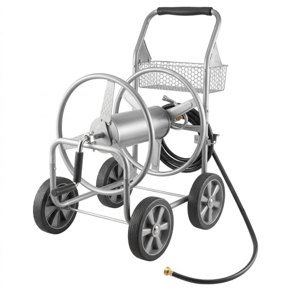 250 ft Garden Hose Reel Cart, Heavy Duty Steel Mobile Water Hose Cart with 4 Wheels & Storage Basket