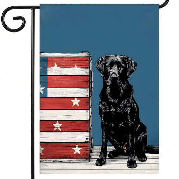 250 garden flag A black dog sitting next to a wooden crate with an American flag on it. * 28x40 flags for outside Large Scale 28x40 Inch garden decor