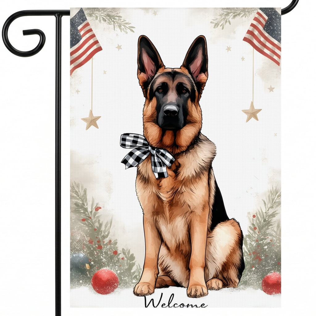 250 garden flag a german shepherd dog sitting in front of a christmas tree Welcome july fourth 28x40 Inch Vertical Banner americana home decor
