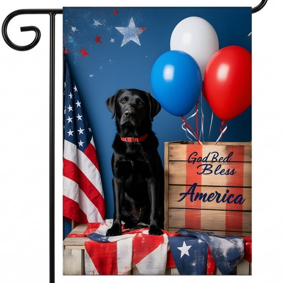 250 garden flag A black dog sitting on top of a wooden crate with red white and blue balloons. God Bed Bless America flag day decorations Standard 28 x 40 Inch Size fourth of july outdoor decor