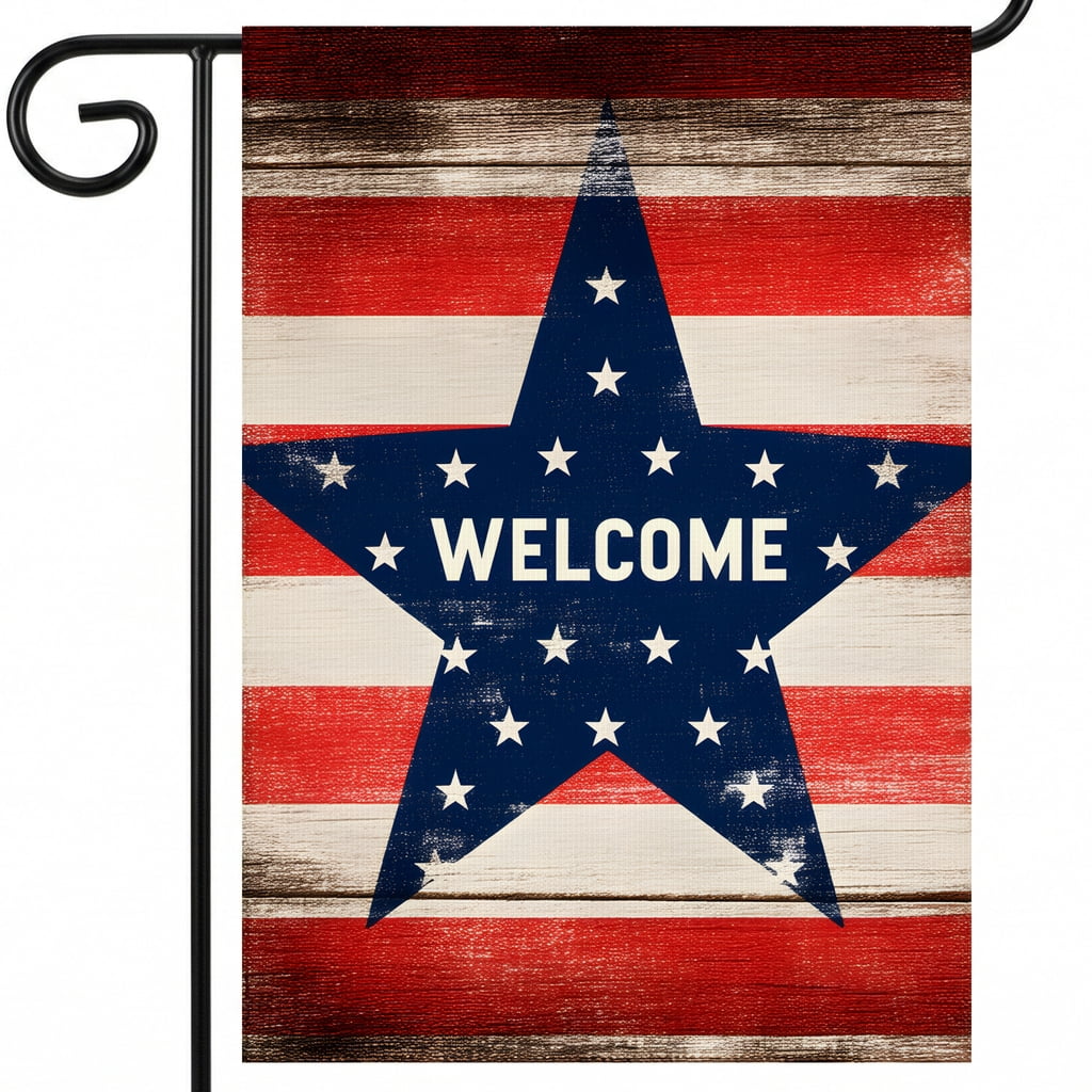 250 garden flag A wooden sign with a star on it that says welcome ...