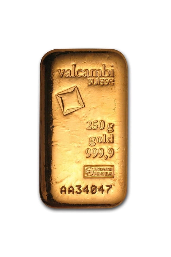 250 gram Gold Bar - Valcambi (Cast/Poured w/Assay)