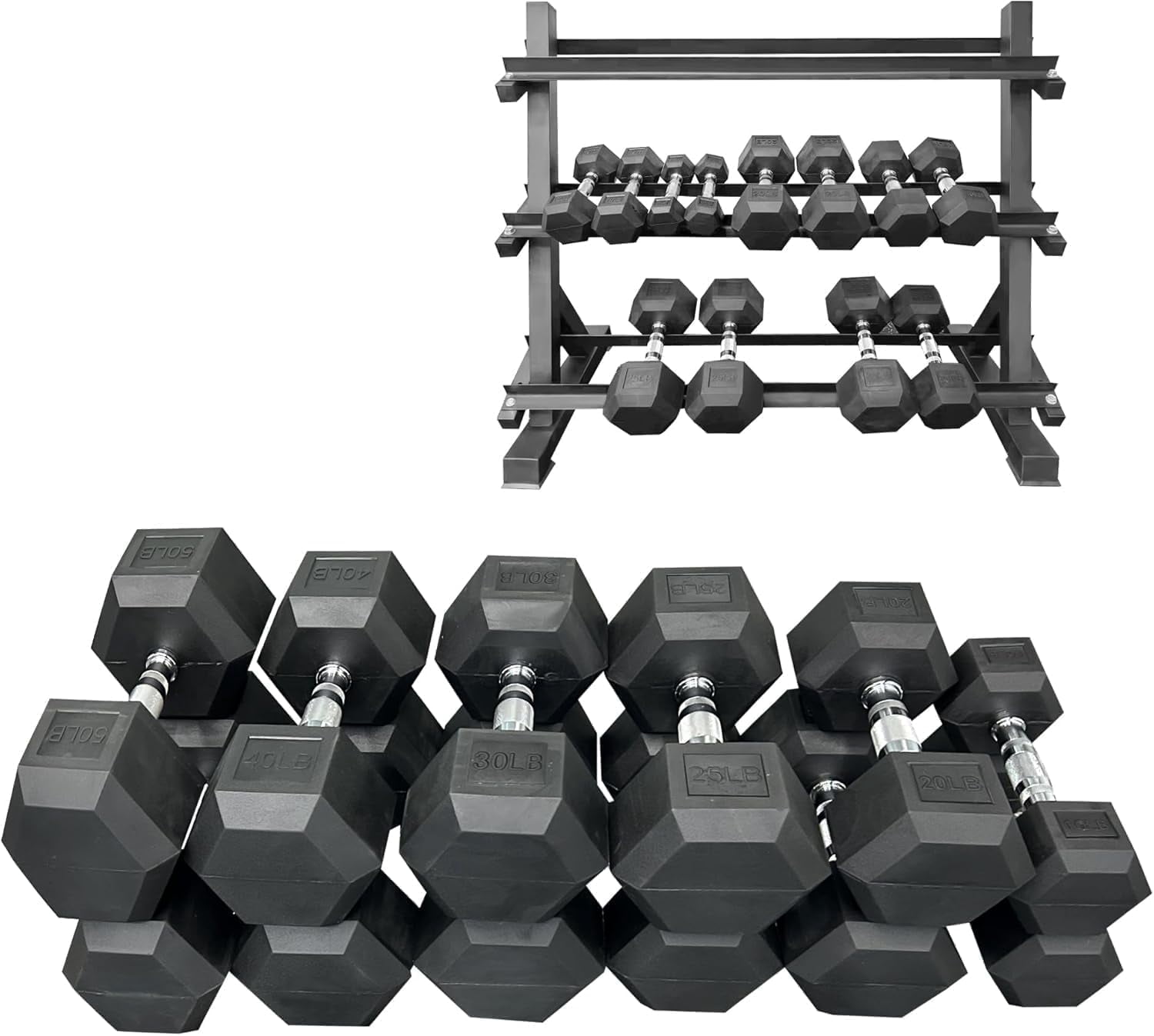 250 lbs Rubber Hex Dumbbell Set with Rack (5-50 lbs) - Home Gym Fitness, Space Saving Strength Training Equipment for Men Women - Build Muscle, Get Fit