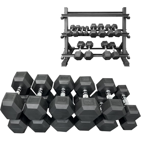 250 lbs Rubber Hex Dumbbell Set with Rack (5-50 lbs) - Home Gym Fitness, Space Saving Strength Training Equipment for Men Women - Build Muscle, Get Fit