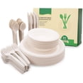 thumbnail image 1 of 250 pieces (50 sets) biodegradable paper plate set (extra long tableware), disposable tableware set, eco-friendly compostable plates and utensils including plates, bowls, forks, knives and spoons, 1 of 7