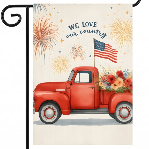 250 year american anniversary garden flag A red truck with a flag and flowers in the back. WE LOVE our country bicentennial flag 28x40 Inch Vertical Banner patriotic decorations outdoor