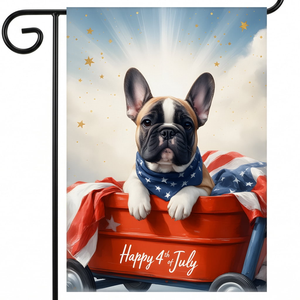 250 years american garden flag A french bulldog sitting in a red wagon with an American flag. Happy 4th July usa 250th anniversary ornament 28x40in House Flag Size patriotic yard decorations