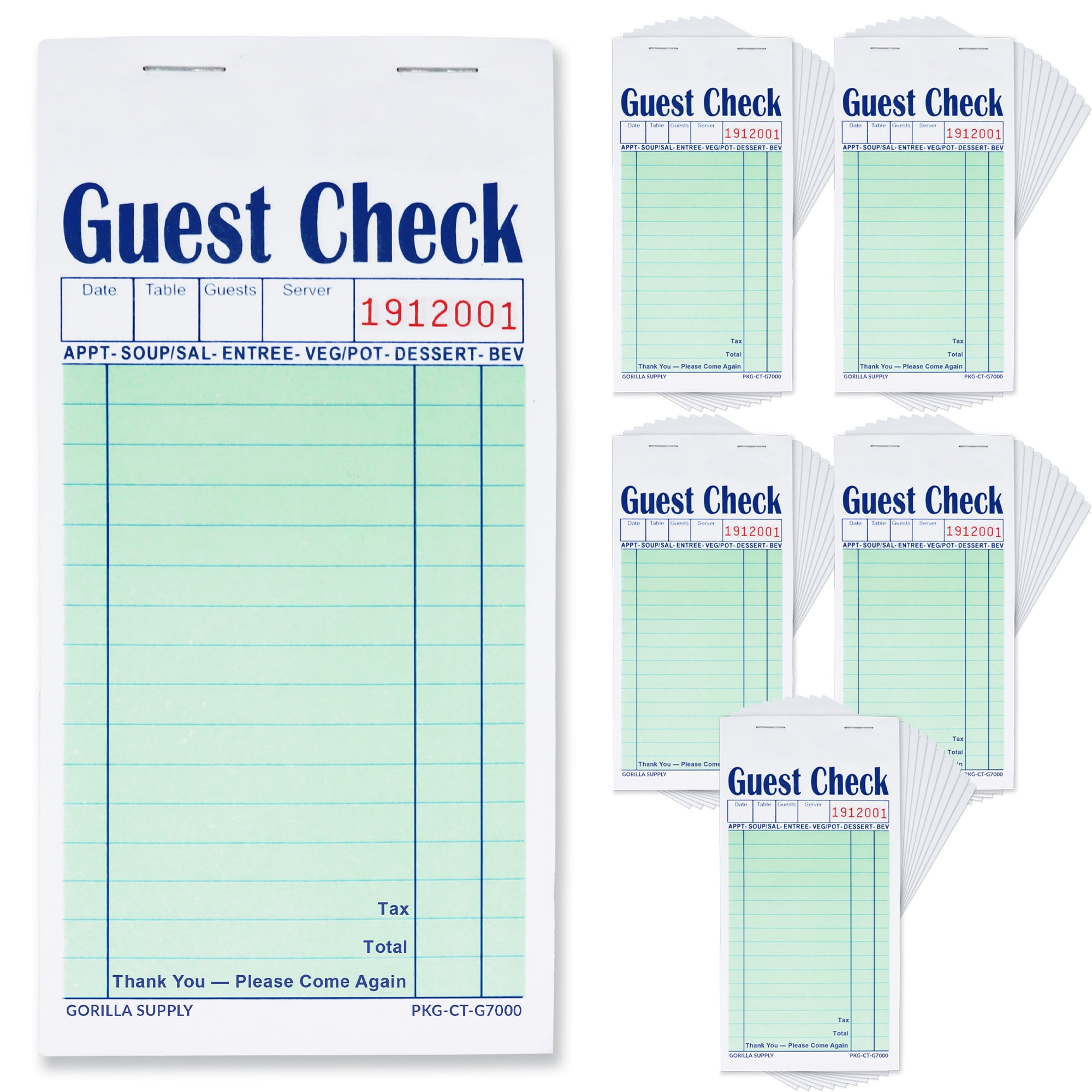 [2500] Gorilla Supply Guest Check Book 3.4" x 6.73" Server Notepads Order Pad for Waiter and Waitress, Carbonless 2-ply Perforated Checks, Green, 2500 (5 pkg x 50 Sets x 10 Books)