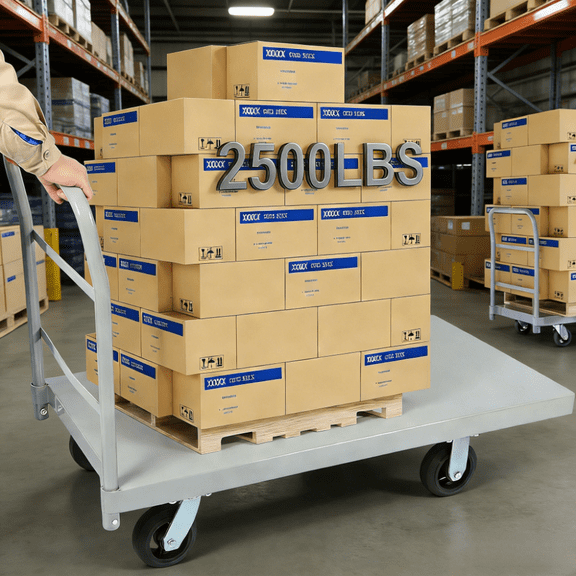 2500-Lb Heavy-Duty Platform Truck - 48" Wide Steel Flatbed, 360 Swivel Rubber Wheels