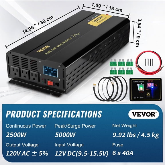 2500 Watt Pure Sine Car Power Inverter, DC 12V to AC 120V with USB Charger, LCD Display, Remote, Ideal for RV Solar, Trucks, Travel Camping
