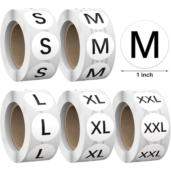 2500 count 1 Inch Size Stickers for Clothing S-XXL,Self Adhesive Round Clothing Shirt Labels Rolls