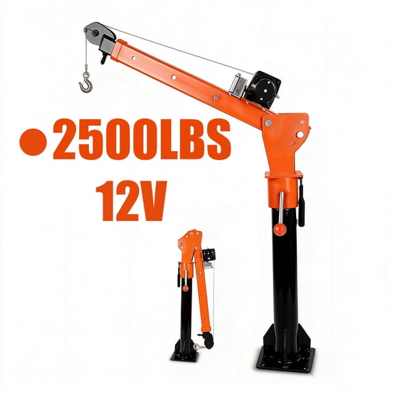 2500 lbs Electric Winch Truck Crane, 1100 lbs Pickup Bed Hoist, Orange Alloy Steel Jib Crane (66.93" 45.6" 9.2"), 360 Rotation & 3-Level Adjustable Arm for Engine, Trailer, Cargo Loading
