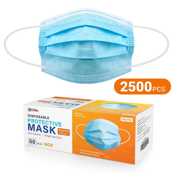 2500 pcs Kids Child Children Face Masks Disposable 3 Ply Earloop Face Mask for Youth Pack of 50 per box