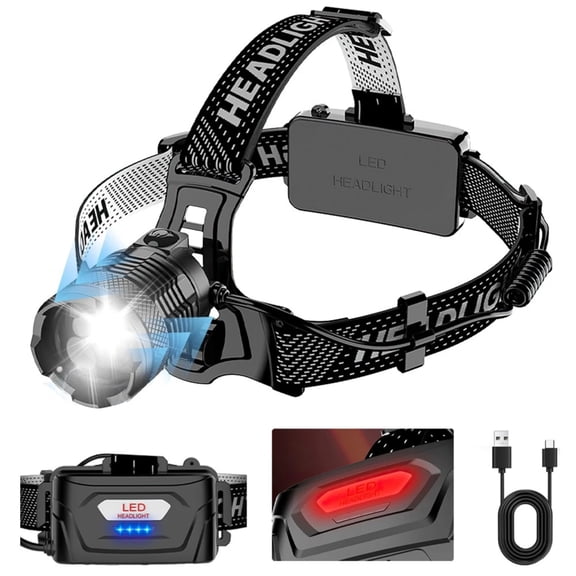 25000LM Super Bright LED Headlamp, USB Rechargeable Headlight with White Laser, Zoomable Focus, Hand-Wave Sensor, 2400mAh Battery, Red Taillight for Hiking, Camping, Running