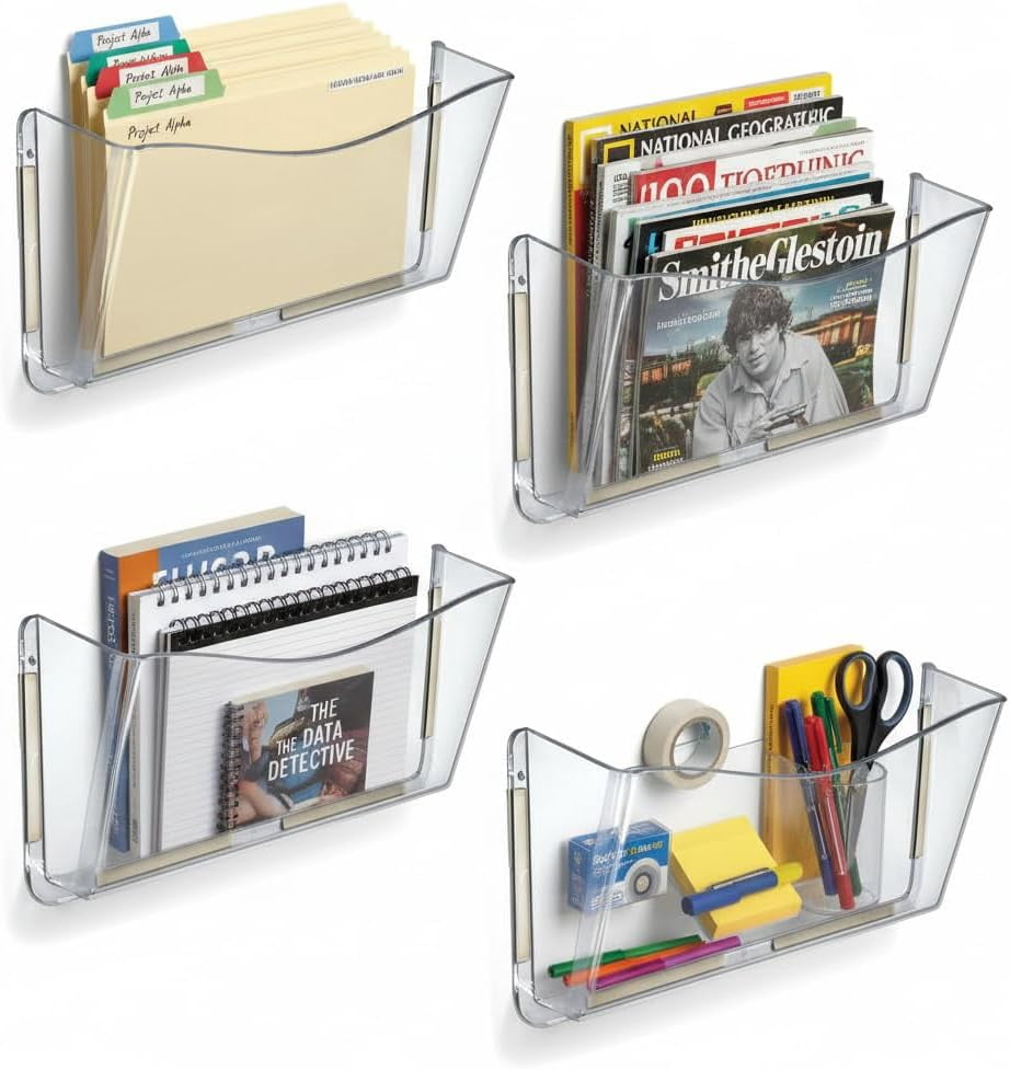 Azar Displays 250035 Clear Single Pocket Wall File with double-sided adhesive tape, 4 pack