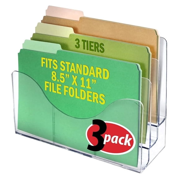 250099-3PK Three Tier File and Brochure Desktop Wall Organizer Holder with Dividers brochure display stand acrylic file holder, Clear , 3-Pack