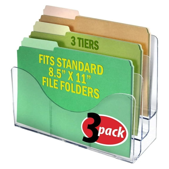 250099-3PK Three Tier File and Brochure Desktop Wall Organizer Holder with Dividers brochure display stand file holder, Clear , 3-Pack