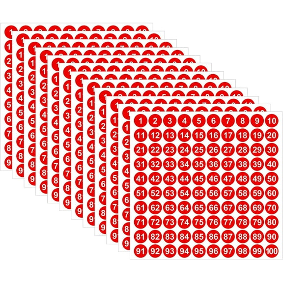 2500Pcs 1 to 100 Number Stickers, 25 Sheets Vinyl Number Stickers, Waterproof Labels, Self-Adhesive Numbered Stickers for Inventory Sorting, Storage Boxes, Office&School Supplies (Red, 0.4Inch)