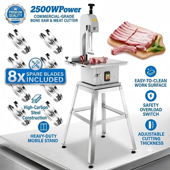 2500W Commercial Electric Meat Bandsaw, Stainless Steel Vertical Bone Sawing Machine, 19" x 15" Table, 55.8 Lbs Stand with 8 Blades for Rib Pork Beef