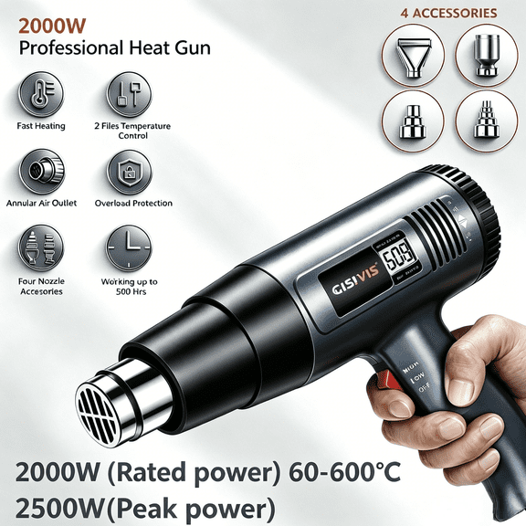 2500W Heat Gun Electric Hot Air Gun Dual Temperature LCD Display 4 Nozzles Tool