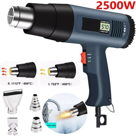 2500W Heat Gun for Vinyl Wrap Electric Hot Air Gun Dual Temperature LCD Display 4 Nozzles Tool