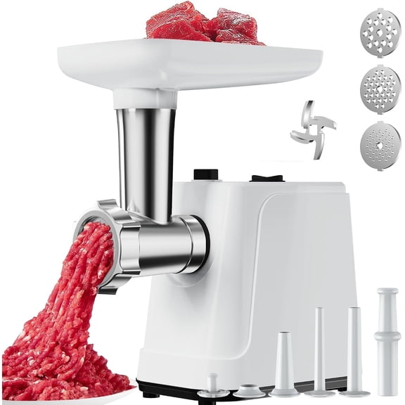 2500W Max Electric Meat  & Sausage Stuffer - Heavy Duty Mincer Machine Anti-Slip with 1  And 3 Plates, 3 Tubes & Kubbe Kit  for  Kitchen Use(White)