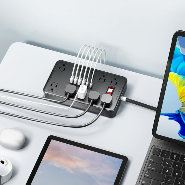 2500W Power Strip with 10 Outlets, 4 USB Ports & 2 Type-C Ports - Surge Protection, Overload Protection, 1.8m Cable - US Standard, FCC Certified, Ideal for Home & Office