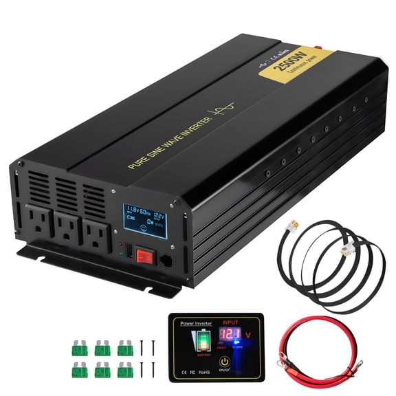 2500W Pure Sine Wave Car Power Inverter 12V to 120V AC, LCD USB Remote Converter for RV Camping