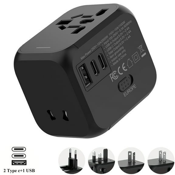 2500W Universal Travel Adapter with Dual Type-C & USB-A Ports,Compact Global Plug Converter for 180+ Countries (US/UK/EU/AU), Child Safety Lock, Overload Protection(Black)