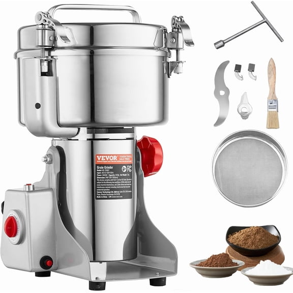 2500g Electric Grain Mill Grinder High Speed 3400W Commercial Spice Grinders Stainless Steel Pulverizer Powder Machine for Dry Grains Spices Cereals Coffee Corn Pepper Swing Type