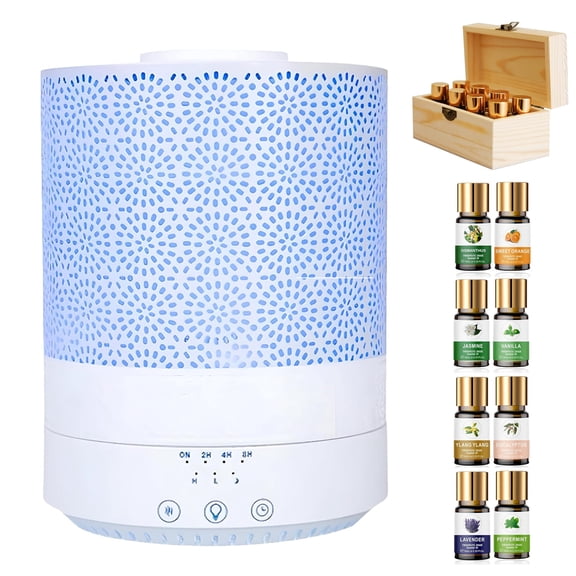 2500ml Large Humidifier with Essential Oil Diffuser, Ultrasonic Cool Mist Wood Grain, Includes 8 Organic Essential Oils Set