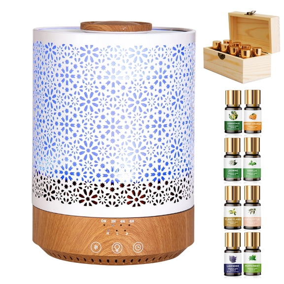 2500ml Large Humidifier with Essential Oil Diffuser, Ultrasonic Cool Mist Wood Grain, Includes 8 Organic Essential Oils Set