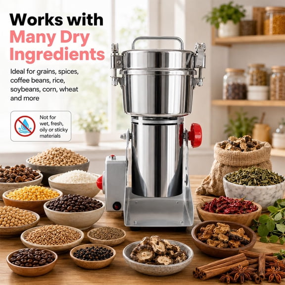 2500w Dry Herb Grinder, 1000g 304 Stainless Steel Grain Mill, Powder Grinder with Timer & Overload Protection for Kitchen & Restaurant Use