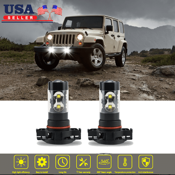 2504 PSX24W White LED Fog Driving Light Bulbs For Jeep Wrangler JL 2010-2020