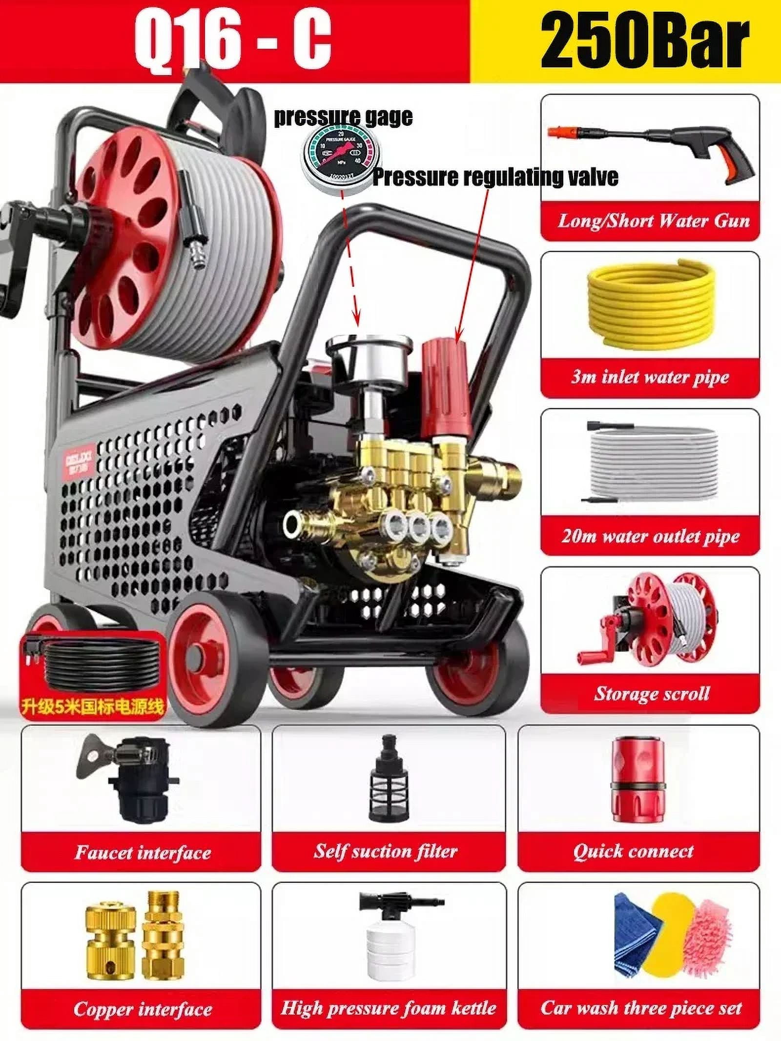 250Bar High Pressure Washer IPX5 Water Proof Car Washer Water Gun Foam