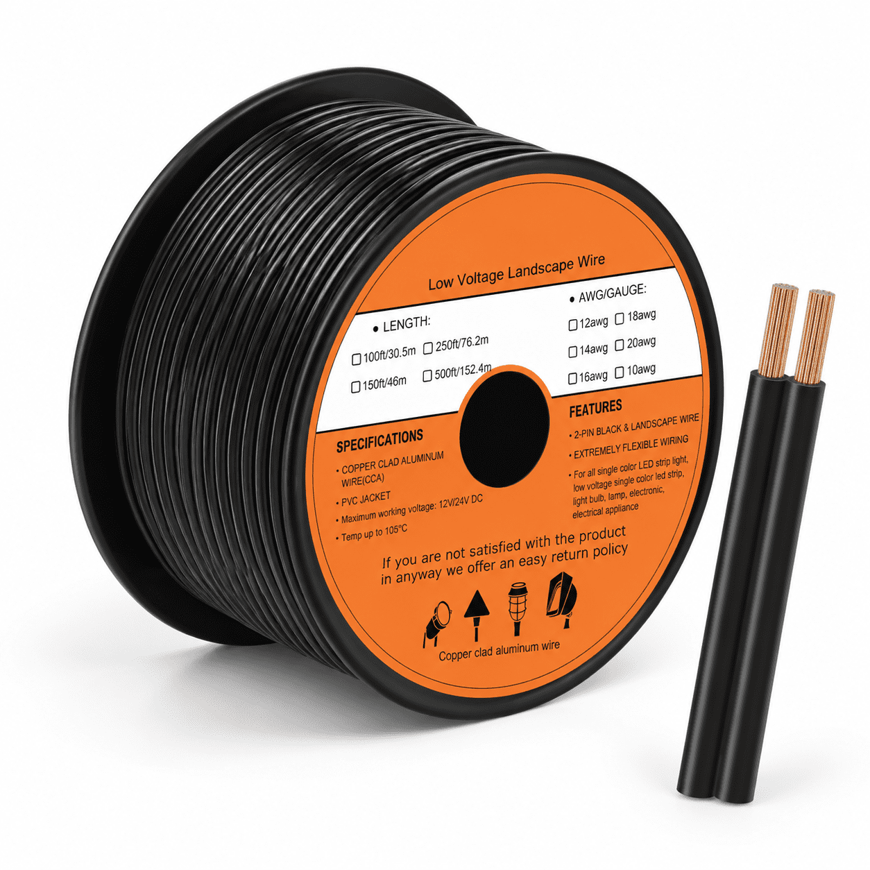 Cladding Wire Chain 250FT 18 Gauge Copper Clad Aluminum Low Landscape Wire, 2 Conductors ...