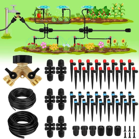 250FT Drip Irrigation System for Garden - 50FT 1/2" Main Tube & 200FT 1/4" Branch Tubing, Brass Splitter, Quick Connect Design, Perfect for Outdoor Plants, Raised Beds, Greenhouses