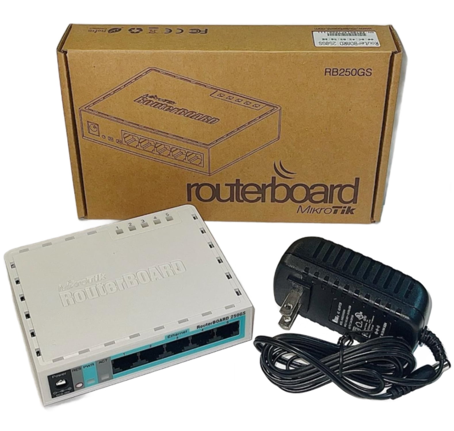 250GS Router BOARD 250GS Router, Smart Gigabit Switch, 5 ports, 10/100/1000, 1.10 lbs, AC Adaptor Included, DC8-30V, Boxed, RoHS