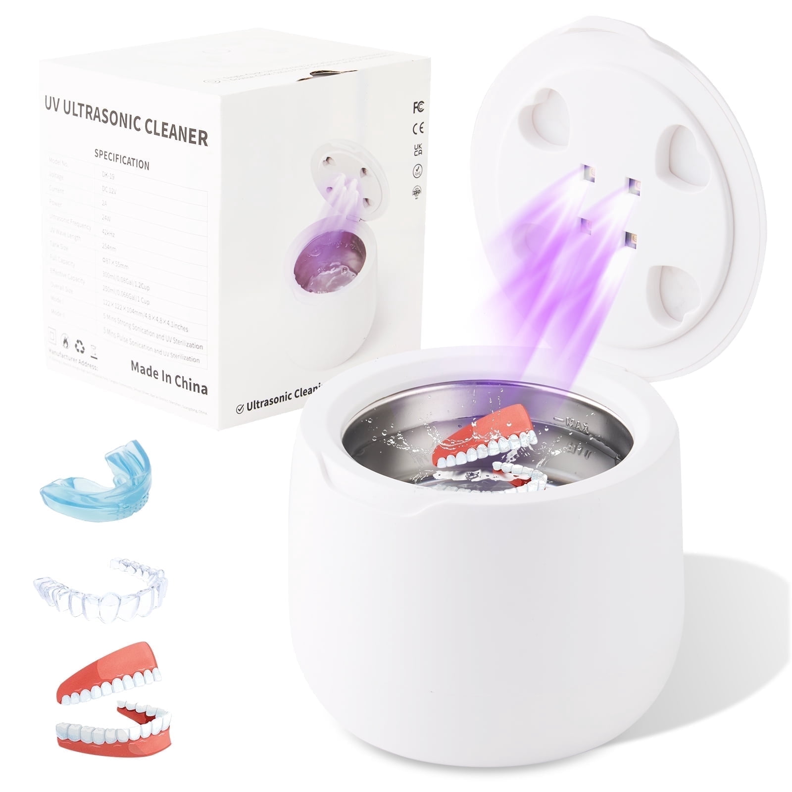 Lunakind 24W 42 kHz Ultrasonic Retainer Cleaner with 4 UV Lamps for Dentures, Mouth Guards, Braces, Toothbrush Heads, Jewelry 250 ml, 2 Modes