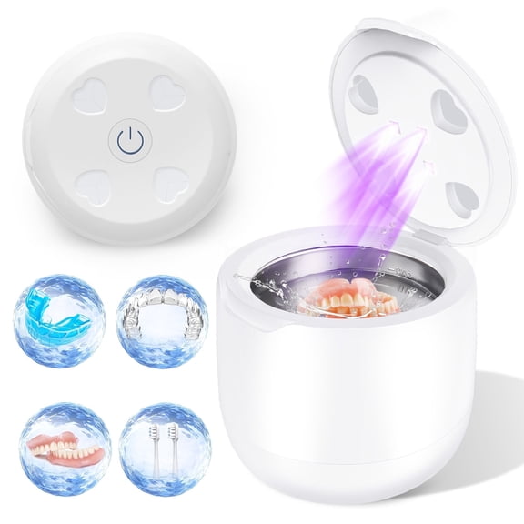 Lunakind Ultrasonic Retainer Cleaner with 4 UV Lamps for Dentures, Mouth Guards, Braces, Toothbrush Heads, Jewelry 250 ml, 2 Modes, White