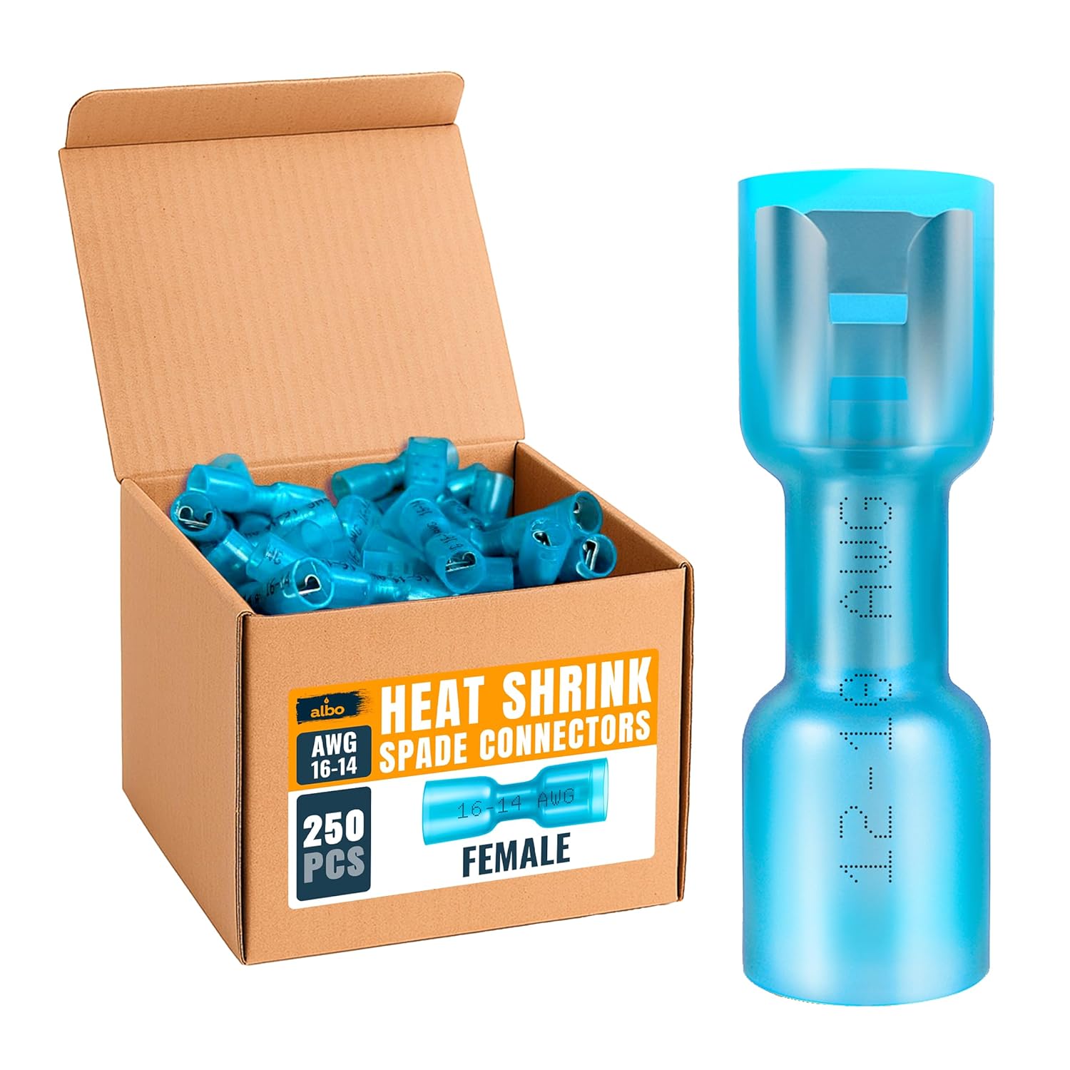 250PCS Blue Heat Shrink Female Spade Connectors AWG 16-14 Waterproof Auto Marine