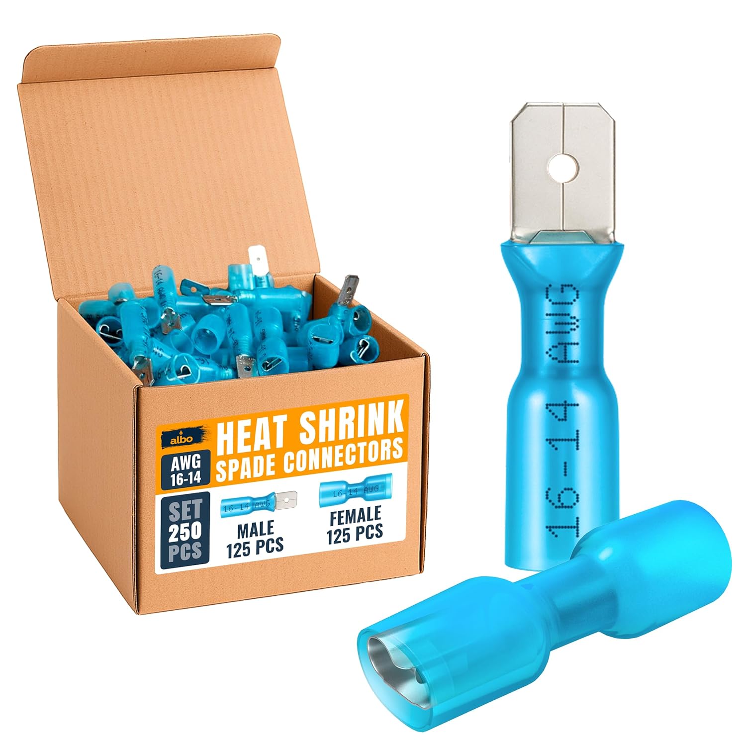 250PCS Blue Heat Shrink Spade Connectors AWG 16-14 Waterproof Auto Marine