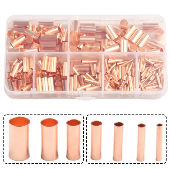 250PCS Copper Wire Connectors, 7 Sizes Cold-Pressed Butt Splice Terminals, Red Copper Crimp Ferrules For Electrical Marine Auto Appliances, Non-Insulated Joiners Kit