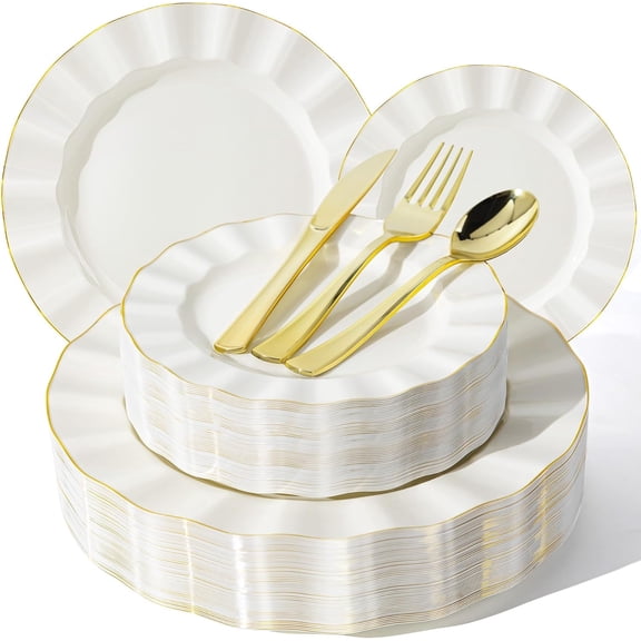 250PCS Ivory Plastic Plates Sets with Gold Rim, Gold Dinnerware Set for 50 Guests,100 Disposable Dinner and Dessert Plates, 150 Silverwares for Party and Wedding