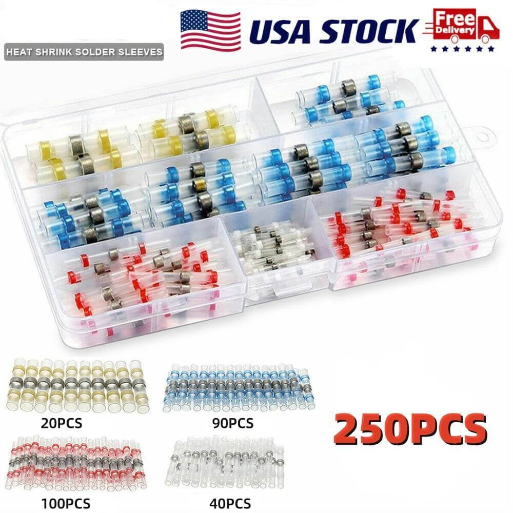 250PCS Solder Seal Sleeve Heat Shrink Butt Wire Connectors Terminals Mixed Set
