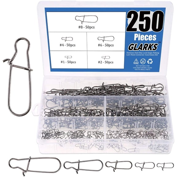 250Pcs #1#2#4#6#8 Strong Stainless Steel Duo Lock Snaps Nice Swivel Slid Rings Fishing Lure Hook Connector Freshwater Saltwater Fishing Gear Accessories Assortment Kit - Test: 40LB-220LB