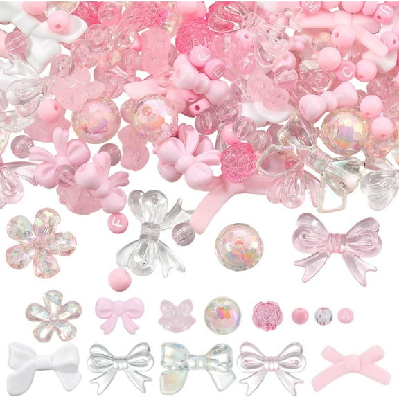 250Pcs 13 Styles Pink Beads Kit Bowknot Bow Beads Kawaii Romantic Love White Transparent Acrylic Letter Flower Round Spacers for Jewelry Making DIY Earrings Bracelet Necklace Crafts Supplies Colorful